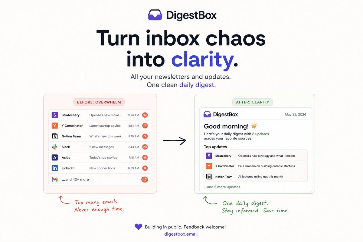 EmailDigestBox's tweet photo. @mchulet Building DigestBox — an agentic inbox that turns everything I subscribe to into one clean daily digest.
Less reading. More signal.

Still early days. Happy to get feedback https://t.co/V7s26T6ib0 https://t.co/XiFJCy6WjZ