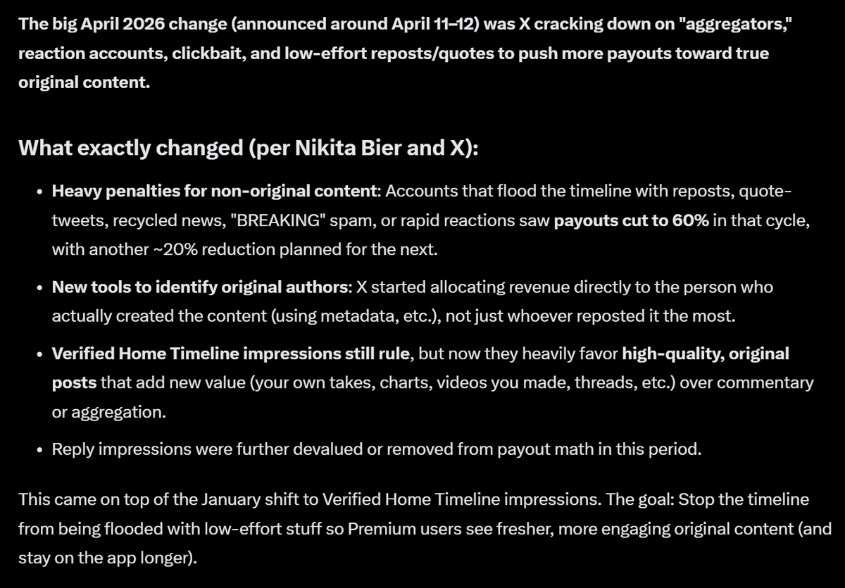 So if you're a big account that posts often, apparently that's bad.

My 235k followers like it, but because X dislikes it, its bad.

Makes zero fucking sense. 

X wants me to post one AI Japanese bouncing tits girl a day.  Sounds like we took everything that fucking sucks about