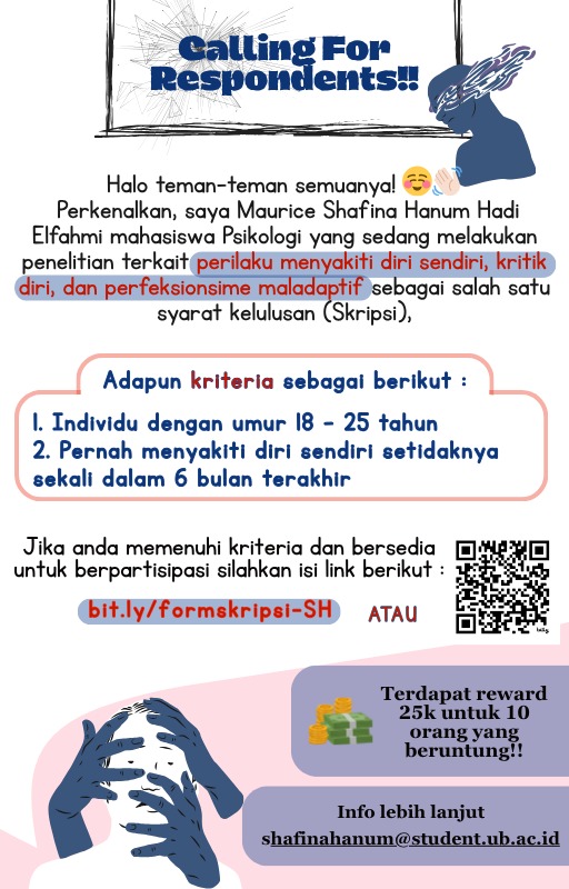 shafina__hanum's tweet image. Pliss banget bantuinnn 🥺🙏

Link : bit.ly/formskripsi-SH

#SelfHarmRecovery #StopSelfHarm #KesadaranMental #SelfCriticism #KritikDiri #Perfeksionisme #PerfeksionismeMaladaptif #MentalHealthAwareness #DewasaAwal #PsikologiKlinis #Wellbeing #KesejahteraanPsikologis #TemanCerita