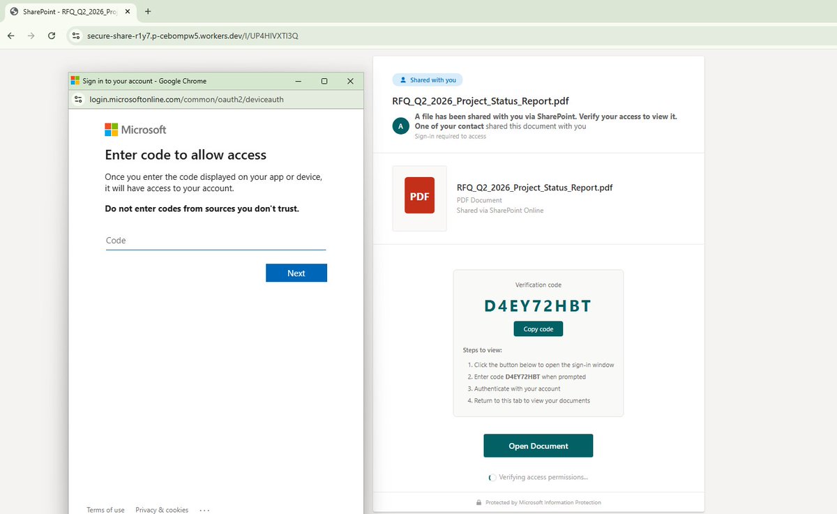 Malwarehunterr's tweet image. Device Code Phishing 

URL 
access-sharepoint-exchange.d2a8tpeb2129r7[.]amplifyapp[.]com

Redirects to 
secure-share-r1y7.p-cebompw5[.]workers[.]dev/l/UP4HIVXTl3Q

#Phishing #DeviceCodePhishing #Microsoft
@500mk500 @skocherhan