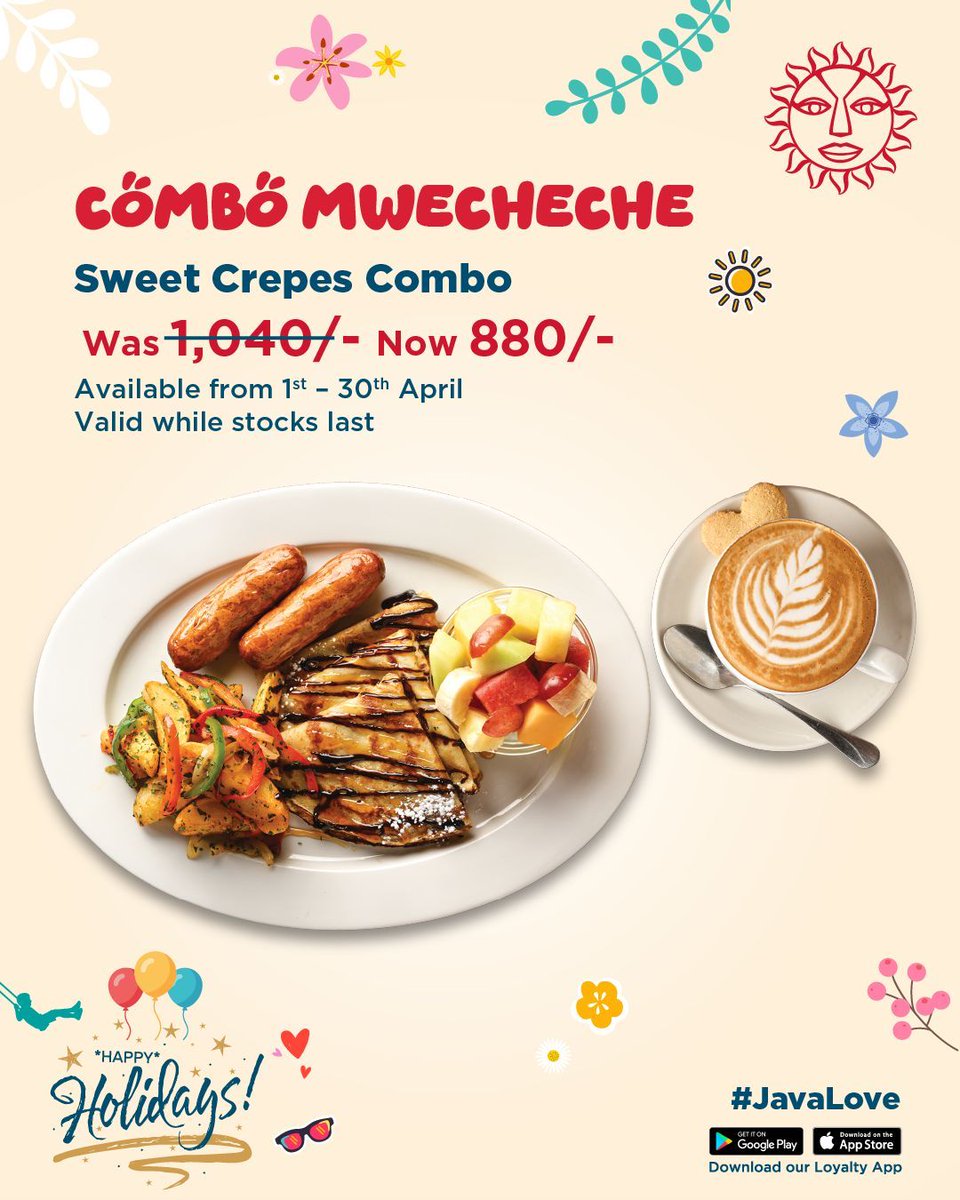 SouthfieldMall's tweet image. 🥞 CÓMBÓ Mwecheche just got sweeter!
@javahouseafrica is serving the Sweet Crepes Combo for only Ksh 880 (was 1,040). ☕🍓

It’s the perfect mix of indulgent, cozy, and satisfying.
⏳ Available till 30th April | While stocks last #JavaLove