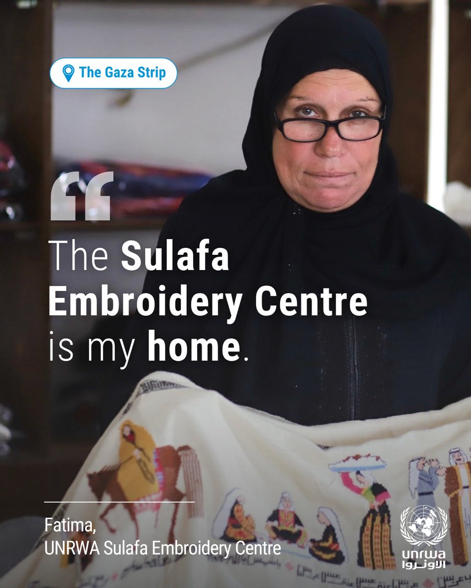 UNRWA's tweet image. The UNRWA Sulafa Embroidery Centre supports women in #Gaza to preserve Palestinian cultural heritage while earning a living through traditional embroidery.

The programme provides women like Fatima with training and income opportunities – helping Palestinian embroidery to remain