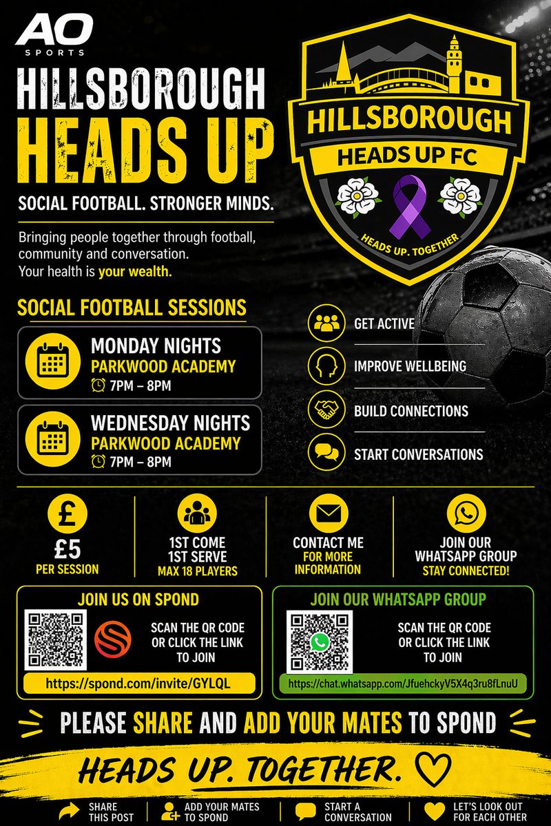 ⚽️ <a href="/HillsboroHupFc/">Hillsborough Heads Up Fc</a>⚽
Real people. Real conversations. Just football.

📍 Parkwood Academy
🗓 Mon &amp; Wed | 7–8pm
💷 £5

Move more. Connect more. Talk more.
No pressure. No judgement.

Please share !!! &amp; add your mates  someone might need this.
<a href="/swfc/">Sheffield Wednesday</a> #swfc
🟡 Heads Up. Together. 🟡