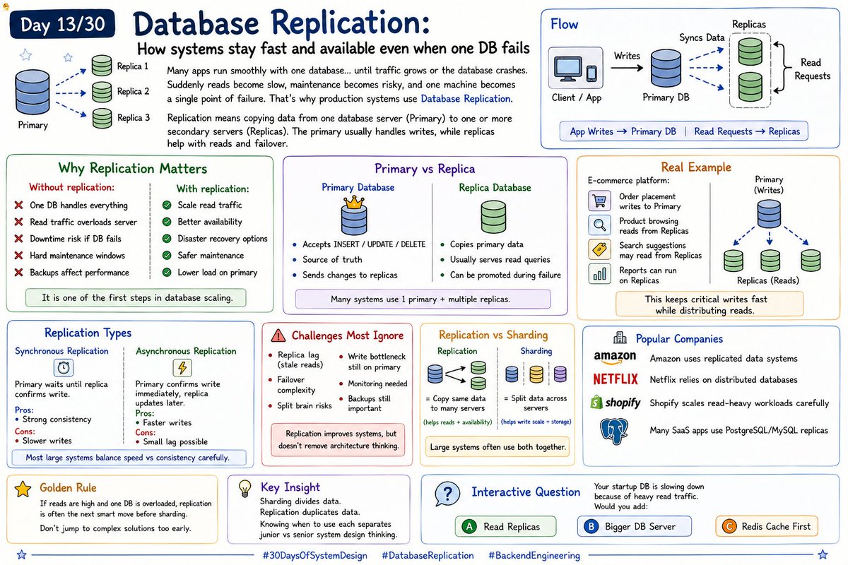 NitinthisSide_'s tweet photo. 🧵 Day 13/30 — #SystemDesign

Database Replication: How systems stay fast and available even when one DB fails

Many apps run smoothly with one database… until traffic grows or the database crashes. Suddenly reads become slow, maintenance becomes risky, and one machine becomes a single point of failure.

That’s why production systems use Database Replication.

Replication means copying data from one database server (Primary) to one or more secondary servers (Replicas). The primary usually handles writes, while replicas help with reads and failover.

Flow:

App Writes → Primary DB
Primary Syncs Data → Replicas
Read Requests → Replicas
This improves performance and reliability.

-----------------
Why Replication Matters

Without replication:

→ One DB handles everything
→ Read traffic overloads server
→ Downtime risk if DB fails
→ Hard maintenance windows
→ Backups affect performance

With replication:

→ Scale read traffic
→ Better availability
→ Disaster recovery options
→ Safer maintenance
→ Lower load on primary

It is one of the first steps in database scaling.

-------------------
Primary vs Replica
Primary Database
→ Accepts INSERT / UPDATE / DELETE
→ Source of truth
→ Sends changes to replicas
Replica Database

→ Copies primary data
→ Usually serves read queries
→ Can be promoted during failure

Many systems use 1 primary + multiple replicas.

-------------------
Real Example
E-commerce platform:
→ Order placement writes to Primary
→ Product browsing reads from Replicas
→ Search suggestions may read from Replicas
→ Reports can run on Replicas
This keeps critical writes fast while distributing reads.

-------------------
Replication Types

1. Synchronous Replication

Primary waits until replica confirms write.

Pros:
→ Strong consistency
Cons:
→ Slower writes

2. Asynchronous Replication

Primary confirms write immediately, replica updates later.
Pros:
→ Faster writes
Cons:
→ Small lag possible

Most large systems balance speed vs consistency carefully.

---------------------
Challenges Most Ignore

Replication helps a lot, but adds tradeoffs:
→ Replica lag (stale reads)
→ Failover complexity
→ Split brain risks
→ Write bottleneck still on primary
→ Monitoring needed
→ Backups still important

Replication improves systems, but doesn’t remove architecture thinking.