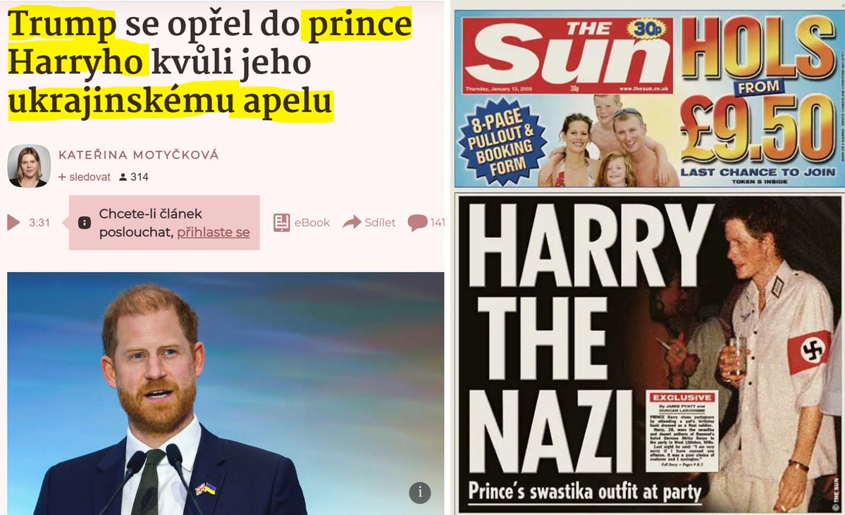 dostalondrej's tweet image. Princ Harry🇬🇧 ať se nehádá s Trumpem o "podpoře Ukrajiny", ale radši vyrazí na frontu. Uniformu už z mládí má🤮 Může vystřídat nějakého ukrajinského chudáka, kterého verbíři chytli na ulici a poslali umřít. Do války, kterou ve 2022 Zelenskému zakázal ukončit Brit Boris Johnson🇬🇧.