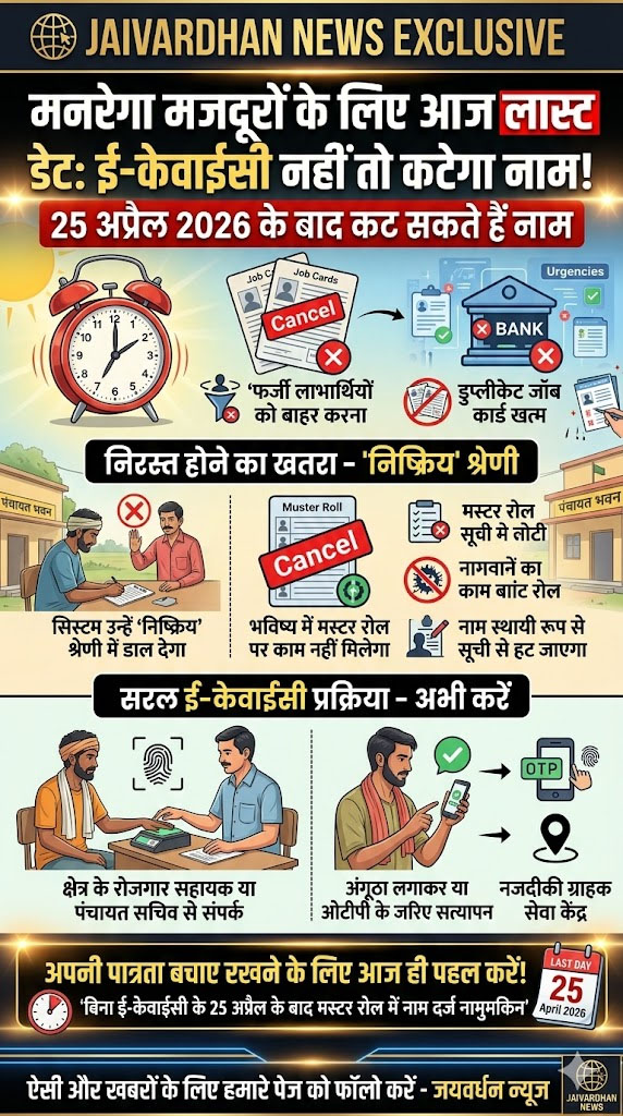jaivardhannews's tweet image. मनरेगा मजदूरों के लिए आज आखिरी मौका! ई-केवाईसी नहीं तो कटेगा नाम #narega #mnrega #ekyc #rajasathangovt