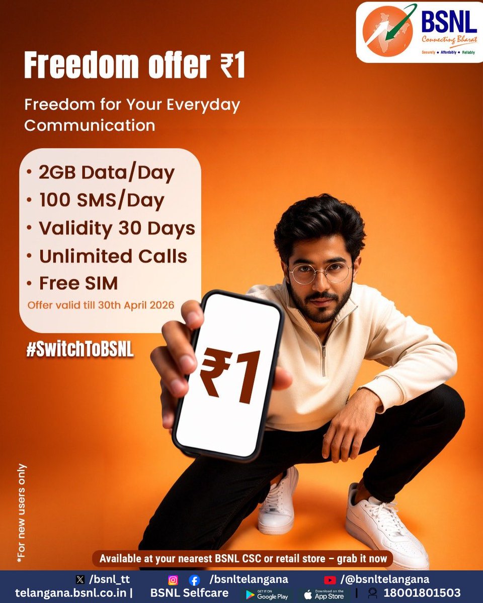 bsnl_tt's tweet photo. Freedom to stay connected, anytime, anywhere. 📶✨
Designed for seamless everyday communication—whether it’s calls, data, or staying close to what matters most.
Experience connectivity without limits.
#BSNL #Freedomoffer #UnlimitedCalls #DataDaily #BudgetPlan #IndiaTelecom https://t.co/9Qp02H050s