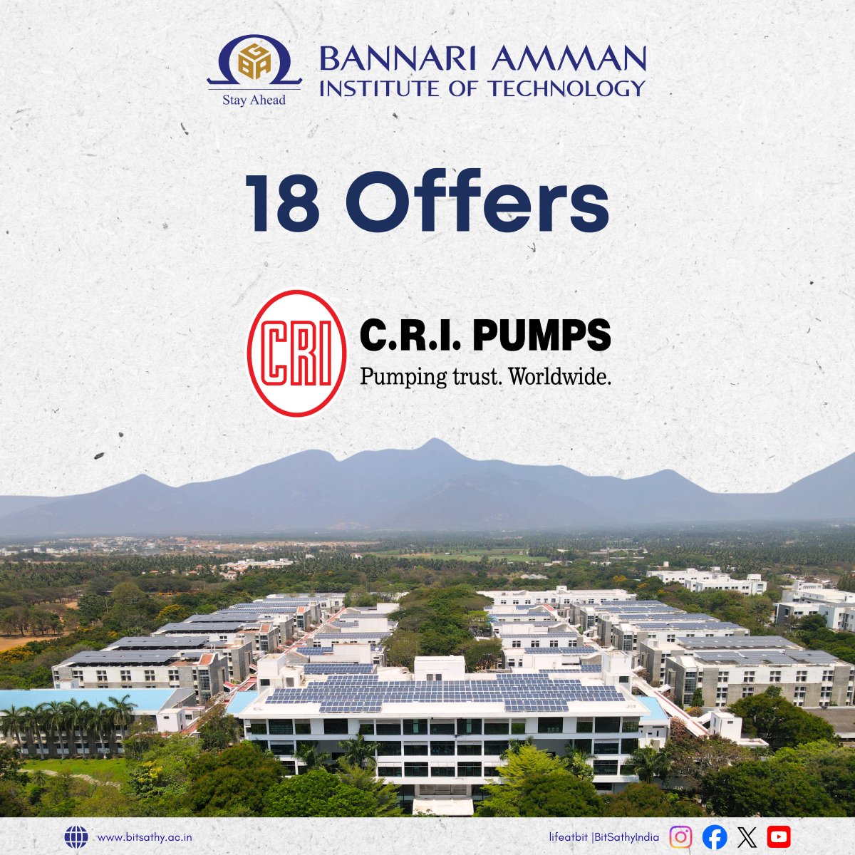 Bitsathyindia's tweet photo. 18 Offers and counting! 

Our students are making waves they join #CRIPumps , a global leader in #fluidmanagement

As the search for the best #engineering experience  heats up, BIT’s #coreplacement record speaks for itself

#bitsathy #CRIPumps #PlacementDrive2026 #TNTech https://t.co/6HMWst44mt