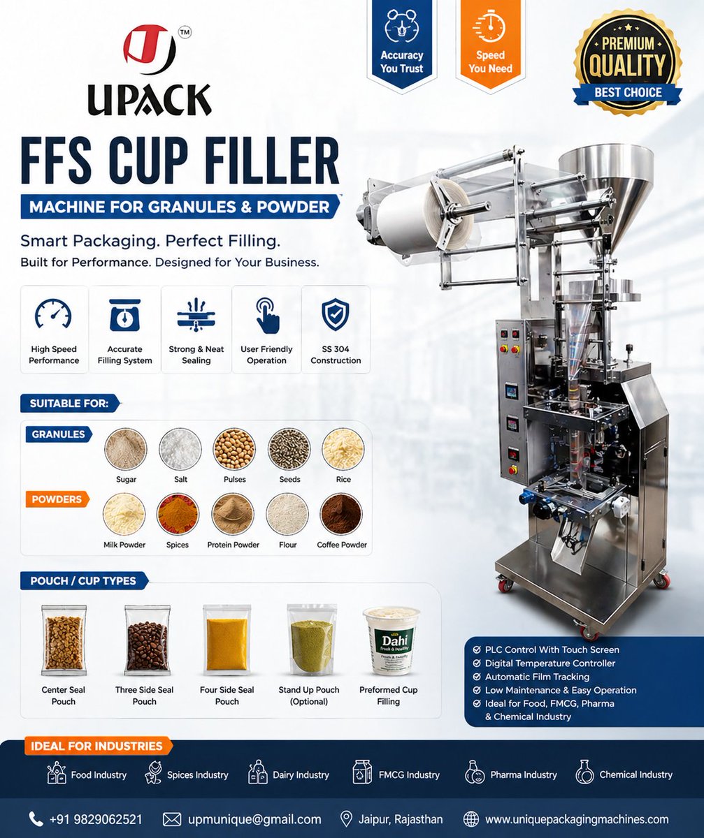 packersunique1's tweet photo. FFS Cup Filler Machine – the perfect solution for granules &amp; powder product packing with high precision and speed.

💡 Ideal for packing:
Sugar | Salt | Pulses | Seeds 

#PackagingMachine #FFSMachine #CupFillerMachine #PouchPackingMachine #PowderPackingMachine #GranulesPacking https://t.co/vmGpJMpwLG