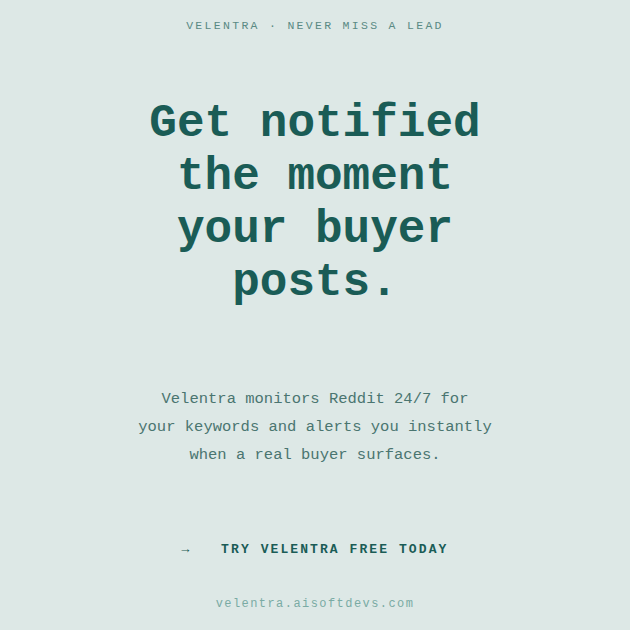 SarmadRafique2's tweet photo. Every day, your potential customers are going on Reddit and asking for exactly what you built.
They're posting publicly, describing their pain, asking for recommendations, ready to buy.
But without the right tool, you'll never see them.
That's why we built Velentra. https://t.co/aFelN3exw4