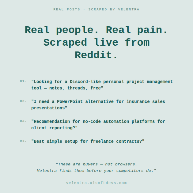 SarmadRafique2's tweet photo. Every day, your potential customers are going on Reddit and asking for exactly what you built.
They're posting publicly, describing their pain, asking for recommendations, ready to buy.
But without the right tool, you'll never see them.
That's why we built Velentra. https://t.co/aFelN3exw4