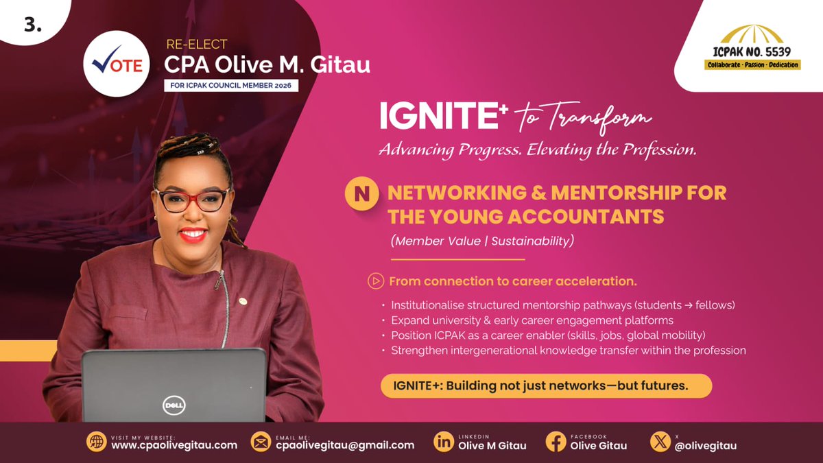 _7zackiee's tweet photo. CPA Olive M Gitau ICPAK 2026 Elections campaign reflects over two decades of practical governance, risk, and compliance experience, combining institutional leadership with a clear understanding of how to strengthen member value and professional standards  #IgniteToTransform https://t.co/xnGOudZdV8