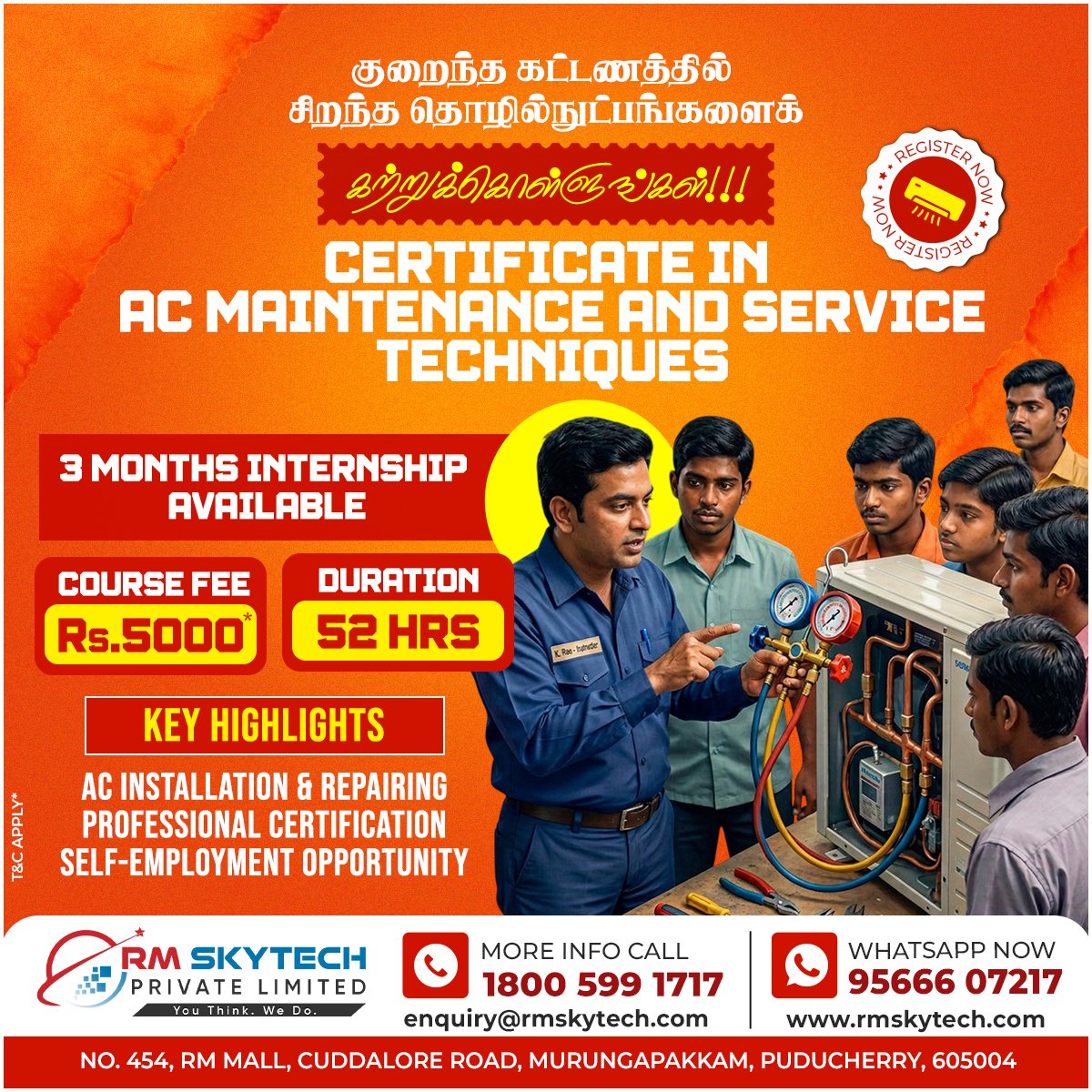 RMSkyTech1's tweet image. 🚀 BECOME A CERTIFIED AC TECHNICIAN!
Get hands-on training at RM Skytech Private Limited.
❄️ AC Repair &amp;amp; Installation
📜 Professional Certificate
💼 3 Months Internship Available!
.
#ACMaintenance #ACRepair #SkillDevelopment  #LearnATrade  #AirConditioning #PuducherrySkills