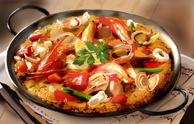 一応、描いたパエリア単体も載せとくか 細かいところはかなり雑ですが……。 鮮やかな色を出す練習になった気がする!