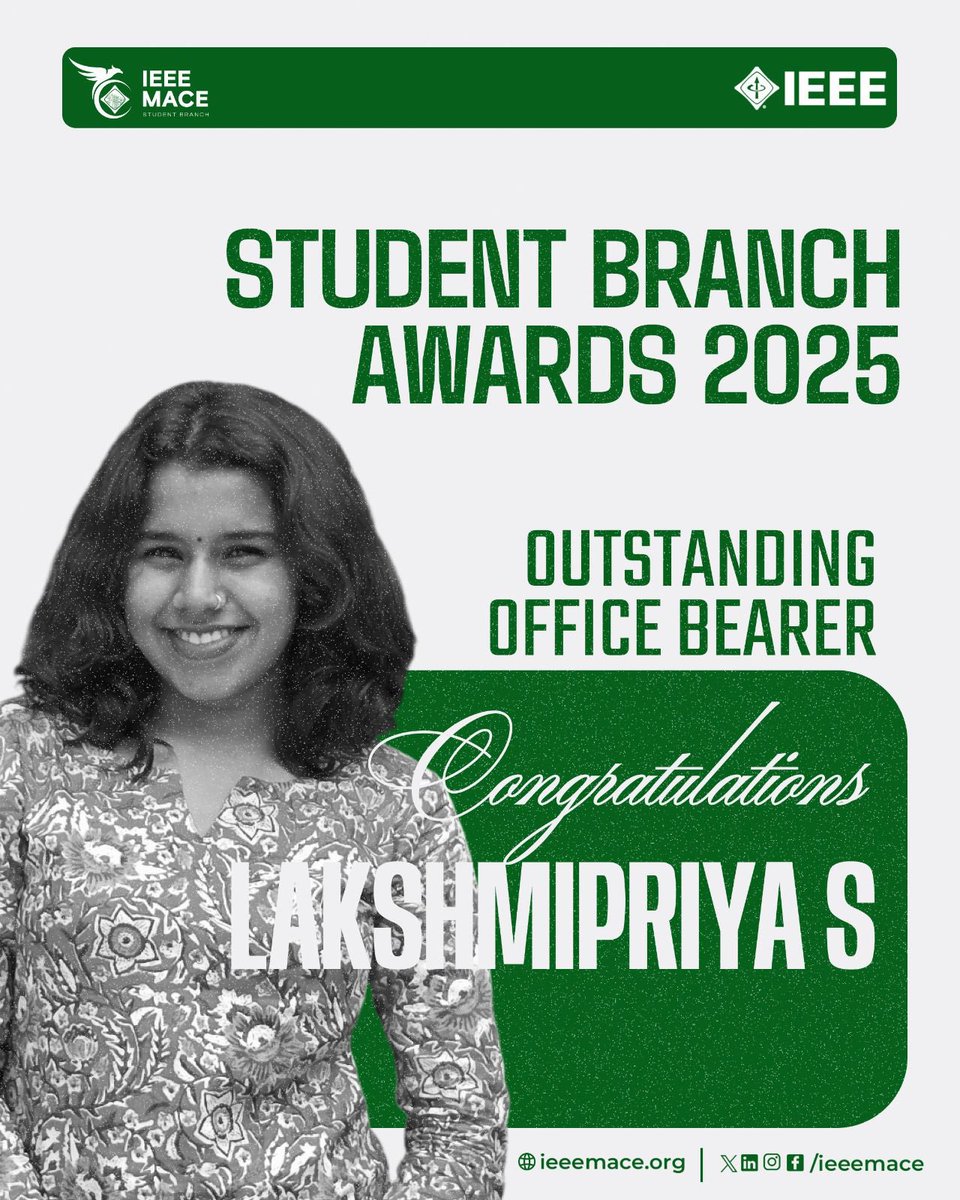 ieeemace's tweet photo. 𝗜𝗘𝗘𝗘 𝗠𝗔𝗖𝗘 𝗦𝗕 extends its heartfelt congratulations to 𝗟𝗮𝗸𝘀𝗵𝗺𝗶𝗽𝗿𝗶𝘆𝗮 𝗦 for being honored as the 𝗢𝘂𝘁𝘀𝘁𝗮𝗻𝗱𝗶𝗻𝗴 𝗢𝗳𝗳𝗶𝗰𝗲 𝗕𝗲𝗮𝗿𝗲𝗿 at the 𝗦𝘁𝘂𝗱𝗲𝗻𝘁 𝗕𝗿𝗮𝗻𝗰𝗵 𝗔𝘄𝗮𝗿𝗱𝘀 𝟮𝟬𝟮𝟱 ✨ https://t.co/vNGOaIlXJR