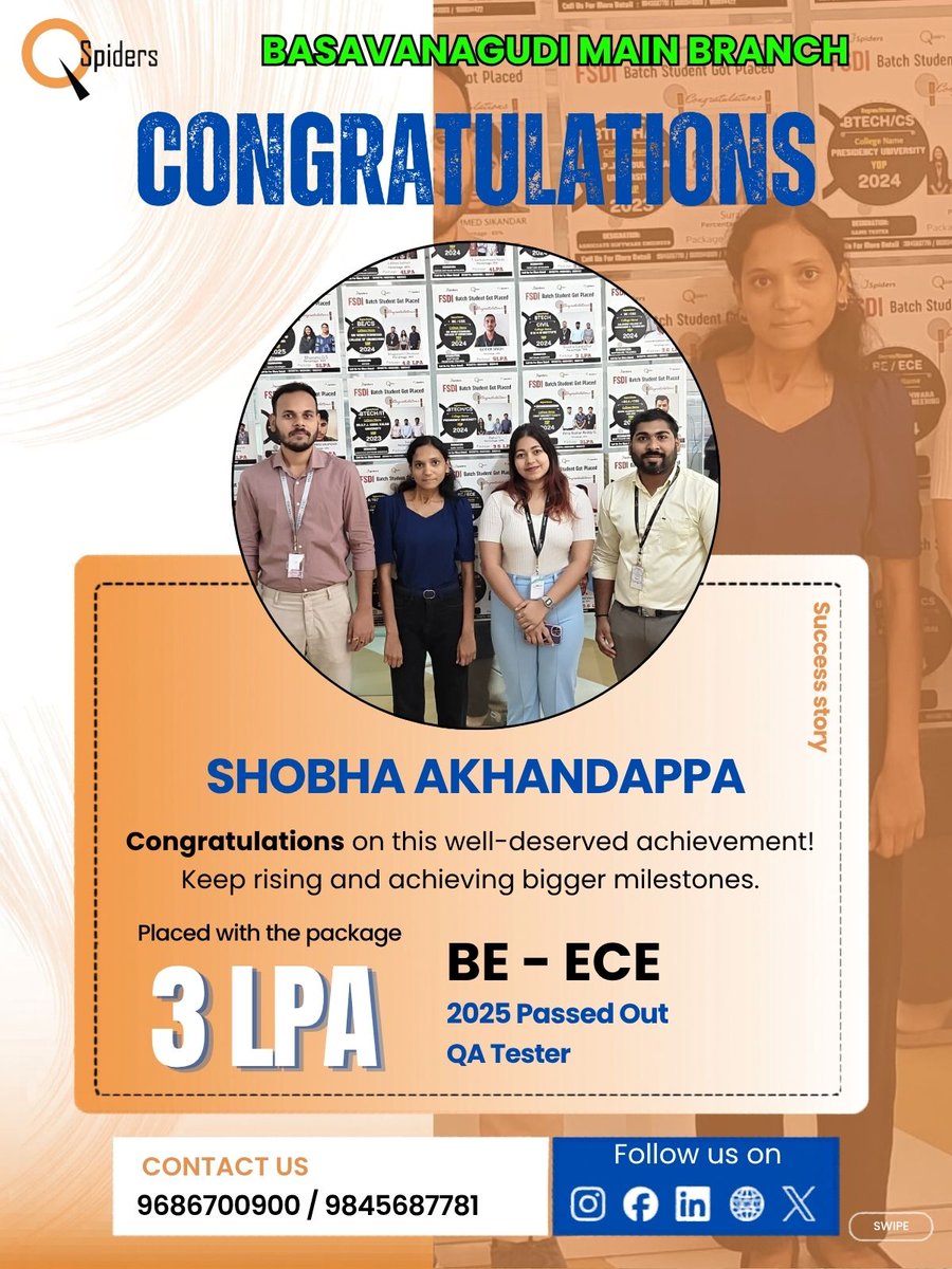 QSpiders__BTR's tweet image. Success is built on strong guidance and dedication! 📷 Shobha Akhandappa shares how ProSpiders Basavanagudi helped him grow technically and professionally to land his dream. 📷#QSpidersBasavanagudi #StudentJourney #TechCareers #ITPlacement #SuccessStory