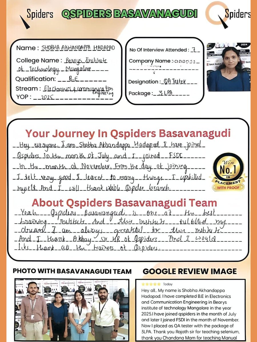 QSpiders__BTR's tweet image. Success is built on strong guidance and dedication! 📷 Shobha Akhandappa shares how ProSpiders Basavanagudi helped him grow technically and professionally to land his dream. 📷#QSpidersBasavanagudi #StudentJourney #TechCareers #ITPlacement #SuccessStory