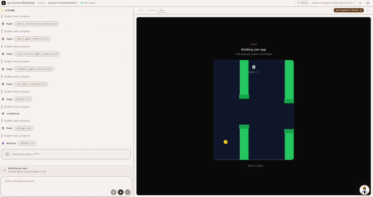 stealthwhiz's tweet photo. Vibe coding on Lyzr and realized even the app build screen is playable.
While the app generates, you’re literally playing a mini game.
This is the kind of dev experience that makes building feel fun again.
@lyzr__ai https://t.co/fS6RbJaK5d