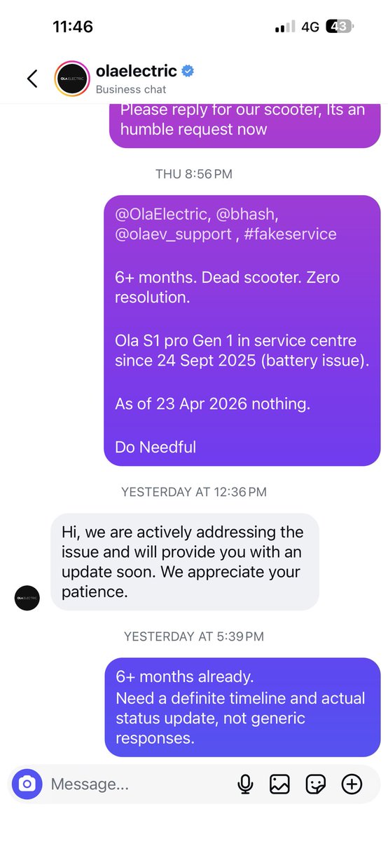 JeetChhatri's tweet photo. @OlaElectric, I am Very loyal customers of Ola and Suggested my friends to buy Ola, Number of friends bought Ola, My vehicle in Sc from last 6 months , They are replying will call you and lookout Till Now No any call or reply, I am very frustrated ,You can check all the videos 

https://t.co/HhxYiTMWML