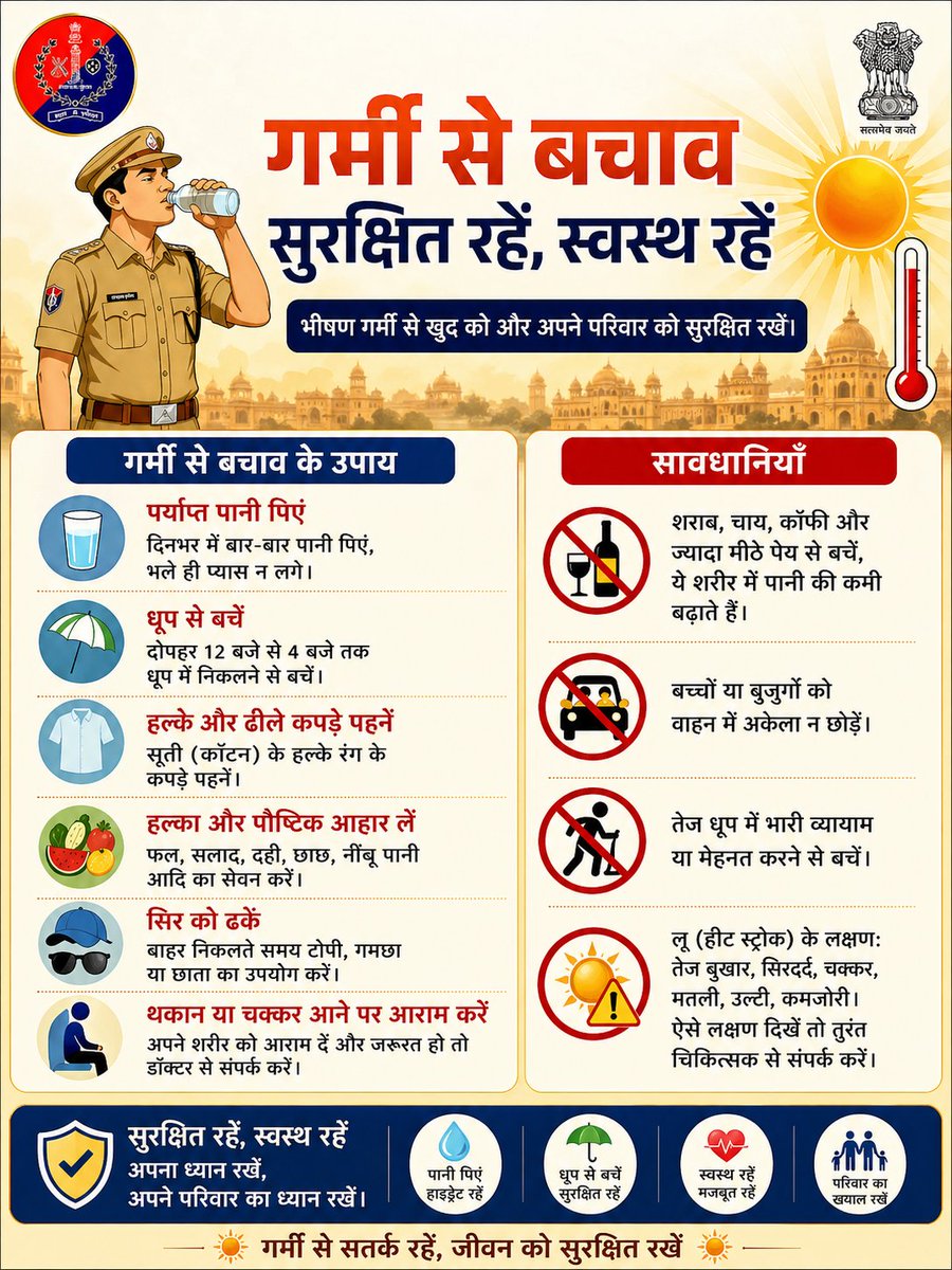 BundiPolice's tweet image. गर्मी से बचाव – सुरक्षित रहें, स्वस्थ रहें

भीषण गर्मी में थोड़ी सी लापरवाही भी आपकी सेहत पर भारी पड़ सकती है। अपना और अपने परिवार का ध्यान रखें 

सतर्क रहें, सुरक्षित रहें – जीवन अमूल्य है
#BundiPolice #HeatWaveSafety #StaySafe #SummerCare #PublicAwareness #RajasthanPolice