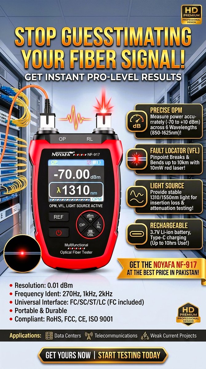 test_instrument's tweet photo. NF-917 Optical Power Meter (3-in-1)
Test fiber fast and accurately.
✔ Power Meter + VFL + Light Source
✔ 850–1625nm
✔ -70 to +10 dBm
✔ 10mW VFL
👉 https://t.co/WzRphE0Tdo
#FiberOptic #OpticalPowerMeter #Noyafa #FiberTesting #TelecomTools #NetworkEngineering #FTTH #ITTools https://t.co/fFAZ2c5Lmn