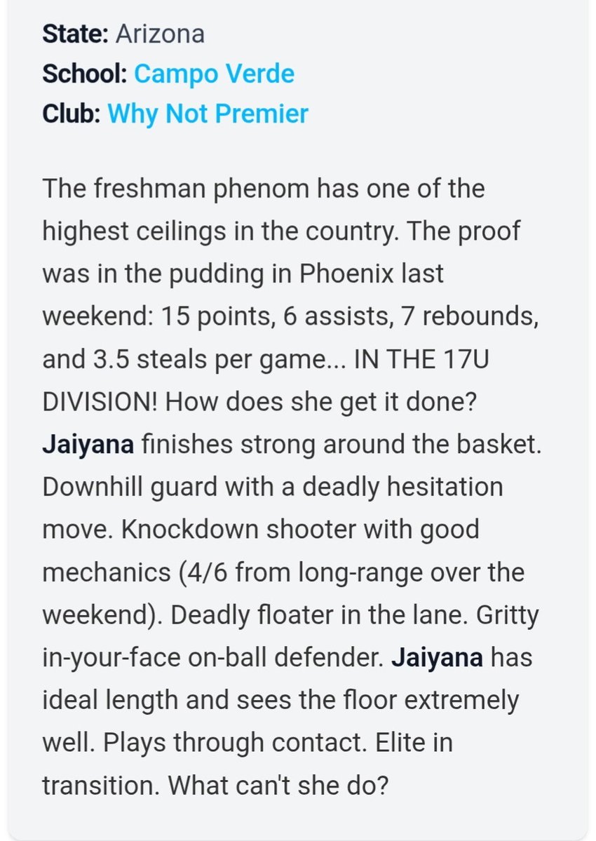 JaiyanaJacobs29's tweet image. Thank you @maurykj @CedricCobb_ 🔥 🔥 

@PremierWhynot @WhynotPremier #basketball #classof2029 #playingup #17U @Vanessa70104488 @Ballislife @NikeGirlsEYBL @nikebasketball @niketoc @JillStrad @ELITEisEARNED @espnW @Wootten_Camp @SInow @Cvhsgbb @PGHArizona