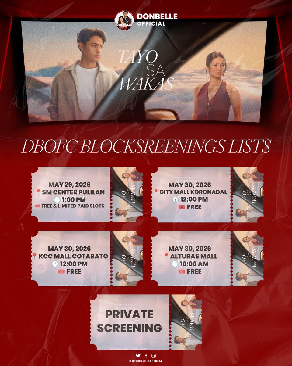 🎬 OUR NATIONWIDE BLOCKSCREENINGS MASTERLIST IS HERE! 🇵🇭✨

From Luzon, Visayas, to Mindanao — thank you for helping us bring Donny, Belle, and Tayo Sa Wakas to so many cities and provinces nationwide. 🥹

Check the full list of our upcoming hosted and sponsored block screenings