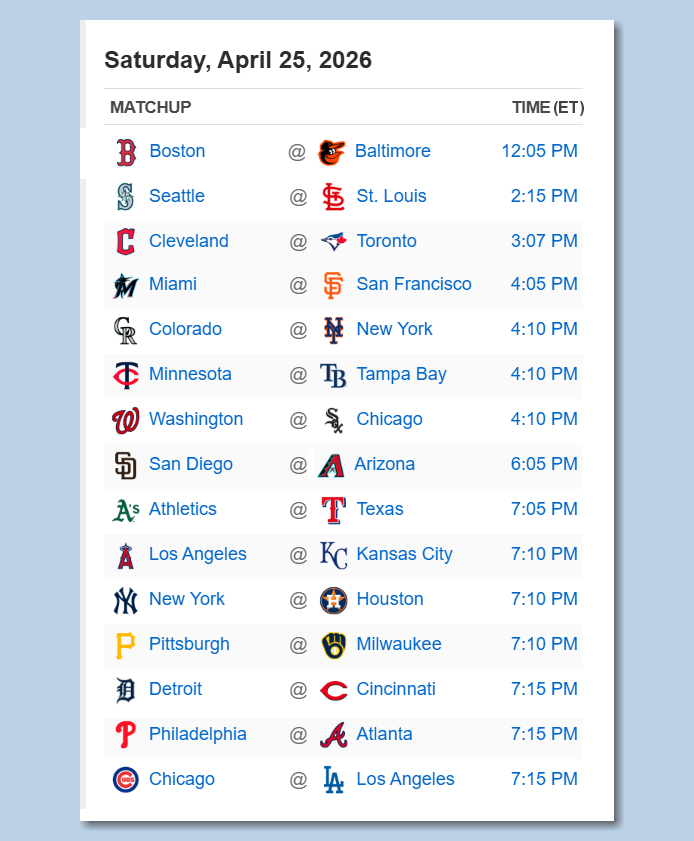 BSmile's tweet image. Here's the #MLB schedule for Saturday, April 25th - PLAY BALL!!!