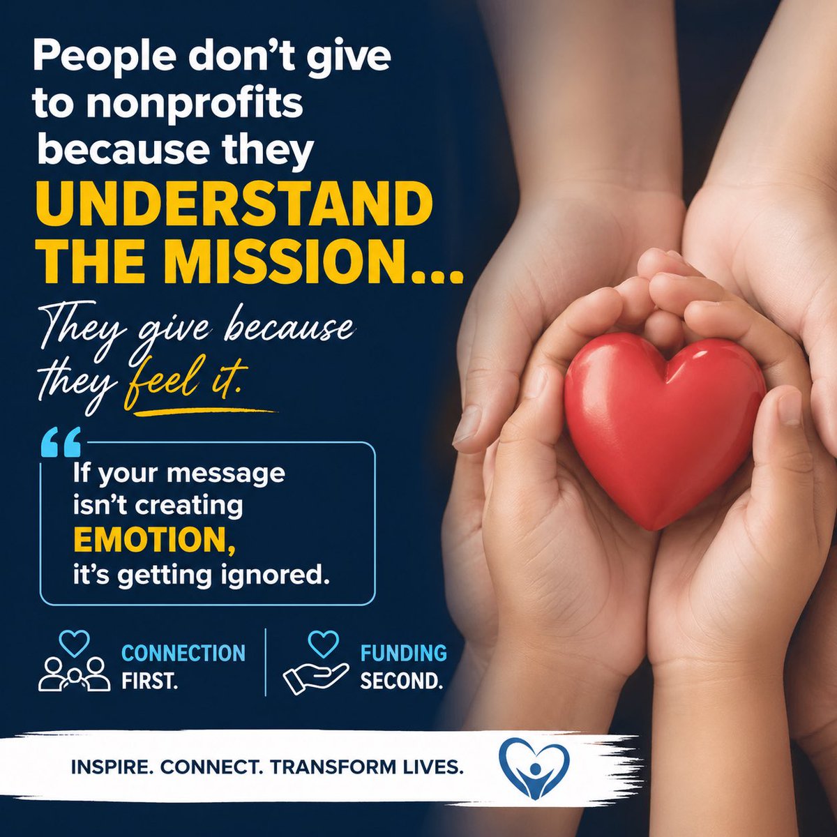 misscathyleads's tweet image. People don’t give to nonprofits because they understand the mission…
They give because they feel it.

If your message isn’t creating emotion,
it’s getting ignored.

Connection first. Funding second.

#NonprofitMarketing #DonorEngagement