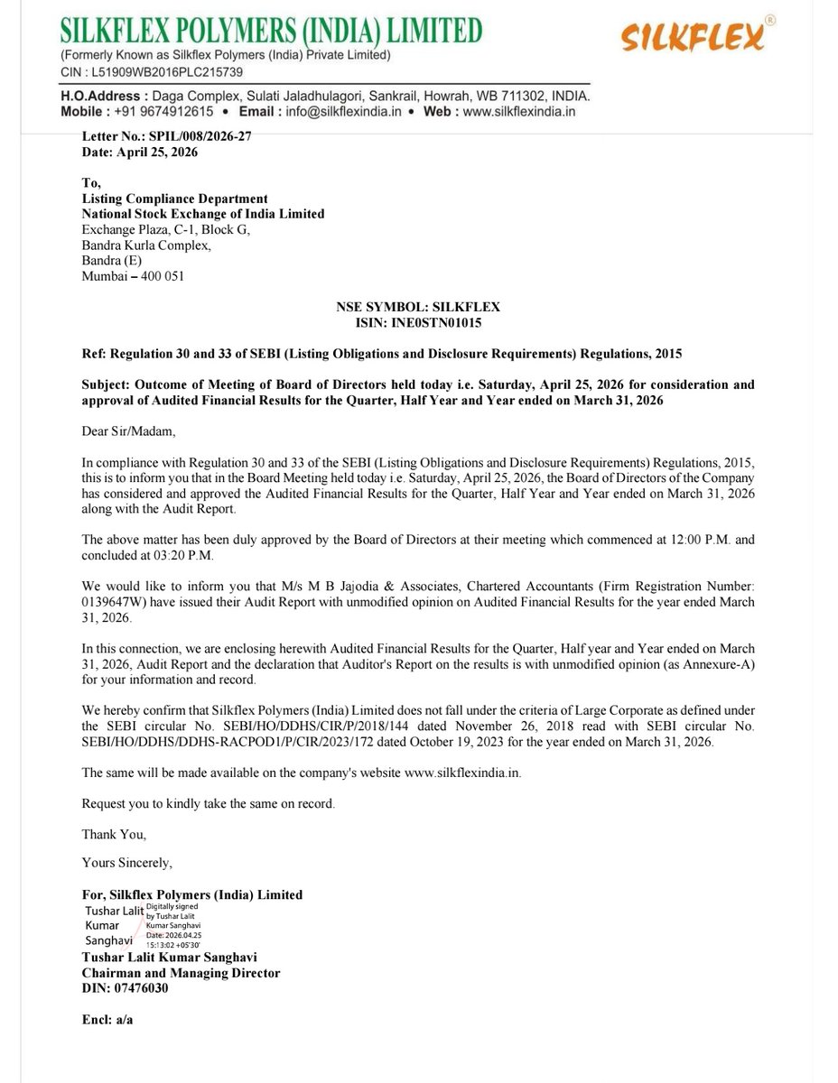 nileshkurhade's tweet photo. 📌 Silkflex Polymers (India) Limited informed the exchange about its approval for the financial results for the period ended March 31, 2026. #SME #SILKFLEX 📄🧾 https://t.co/5flRUB39Vq