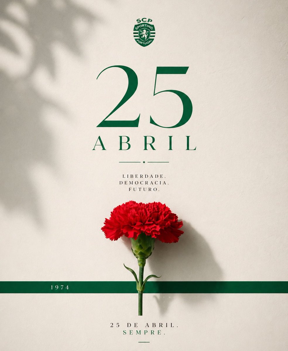 Liberdade. Democracia. Futuro. 🌹🦁

Honramos a história de 1974 e celebramos o privilégio de vivermos a nossa paixão sem amarras.

25 de Abril Sempre. Sporting Sempre. 🟢