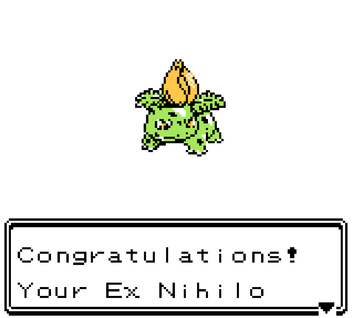 Shiny Bulbasaur, evolved into Ivysaur, obtained on Pokémon Gold after 100,552 encounters on Route 27, using ACE, which allows you to catch trainer Pokémon and gives a chance for them to be shiny. 
I named it Ex Nihilo, after the Marvel character.

GSC Shiny Living Dex 
12 / 276