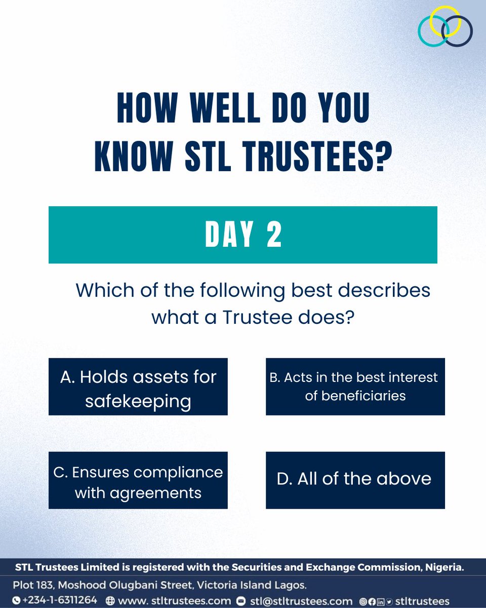 STLTrustees's tweet image. Think you know STL Trustees? 

It’s time to put your knowledge to the test!

Answer today’s trivia question correctly and stand a chance to win ₦50,000 daily. 

Winners will be picked randomly 

Drop your answer in the comments below ⬇️

#stltrustees #triviachallenge #knowstl