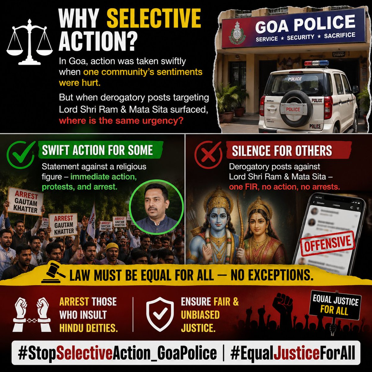 #StopSelectiveAction_GoaPolice
संविधान का विधान ⚖️
📍जाति, धर्म,पद, प्रतिष्ठा नहीं हो न्याय का आधार
📍सभी को समानता का अधिकार 
फिर सेंट जेवियर पर टिप्पणी पर गौतम खट्टर जेल
 परन्तु
ईसाइयों द्वारा प्रभु श्री राम व माता सीता पर अभद्र टिप्पणी पर मात्र एक प्राथमिकी स्वीकार 
ये कैसा