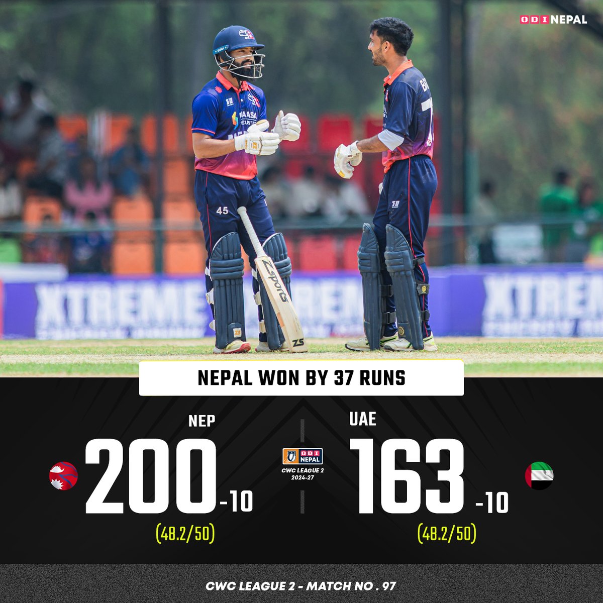 OdiNepal's tweet image. Nepal seal a solid win! 🏏🔥

Nepal defeat UAE by 37 runs in the CWC League 2 clash — a strong all-round performance to get the job done! 💪🇳🇵

ODI Nepal | #CWCLeague2 | #NEPvUAE | #NepalCricket