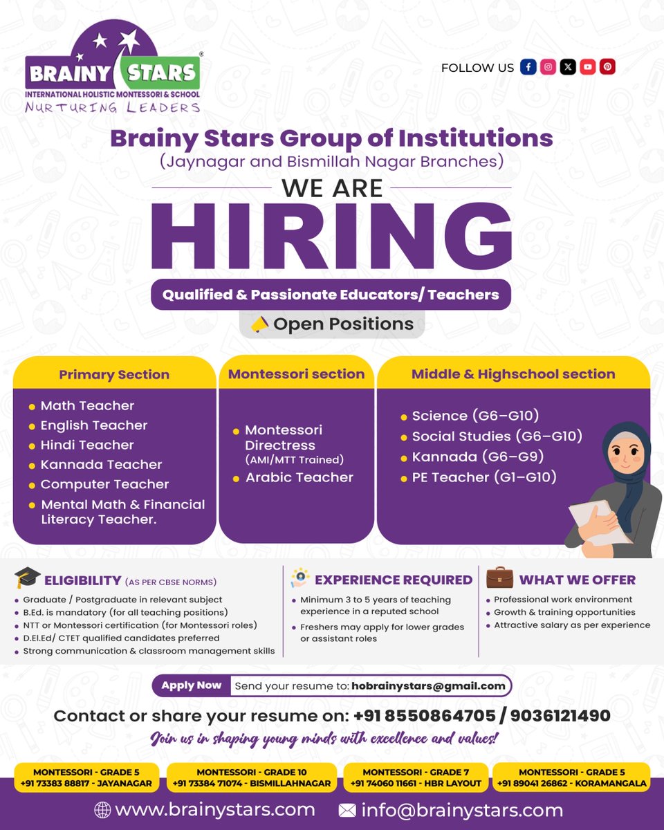 brainy_stars_'s tweet image. Brainy Stars Group of Institutions (Jaynagar &amp;amp; Bismillah Nagar Branches) is now hiring passionate and qualified educators to join our growing academic family. 

📩 Send your updated resume to: hobrainystars@gmail.com

#BrainyStars #TeacherJobs #HiringTeachers #EducationJobs