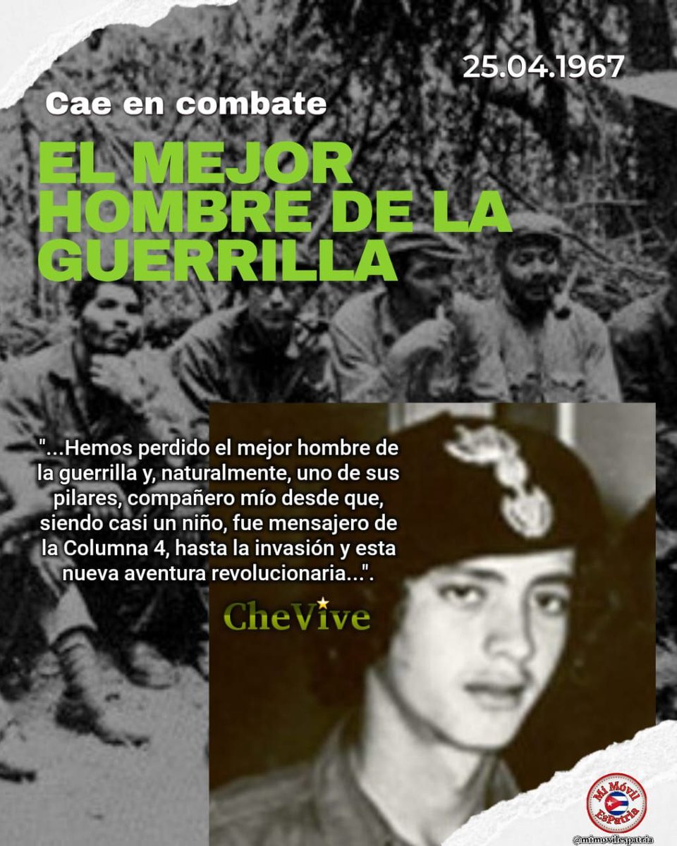 Cae en combate el "Capitán San Luis" 
🇨🇺🌹

"... Hemos perdido el mejor hombre de la guerrilla ..."
Ernesto Che Guevara

#CubaViveEnSuHistoria
🇨🇺❤️🌹