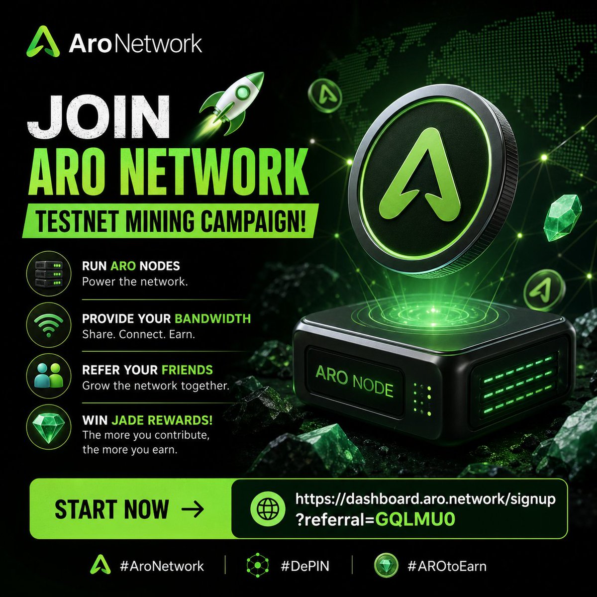 Giganotitan's tweet image. 🚀 Join @AroNetwork Testnet Mining Campaign!

Run ARO nodes, provide your bandwidth, refer your friends👯‍♂️, and win🟢Jade rewards!

Start now 👉 dashboard.aro.network/signup?referra…

#AroNetwork #DePIN #AROtoEarn