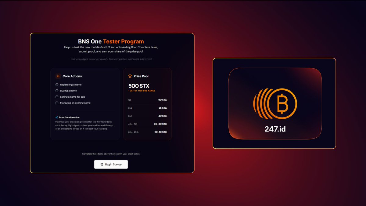 Two giveaways are live. 👀

247 .id + 8582.btc are up for grabs!⚡

To enter:
🔸 Complete the survey + 4 actions
🔸 Like + repost
🔸 Comment “Complete”
🔸 Have your BNS name in your X display name

Let’s gooo! 🔥