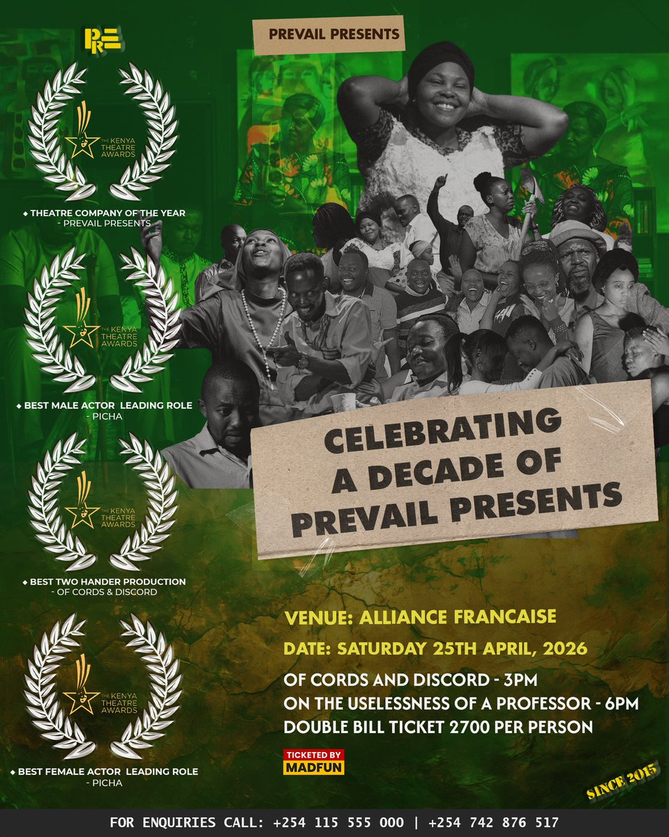 Sherehe_Plug's tweet image. 🎭✨ #Nairobi #Theatre

10 years of @prevailpresents 😮‍🔥

A double bill of award-winning plays: Of Cords and Discord + On the Uselessness of a Professor.

🗓️ Sat, Apr 25
🕒 3 PM &amp;amp; 6 PM
📍 @AFKenya 

🎟️ From KES 2,000
🔗 madfun.com
+254 115 555 000

#SherehePlug