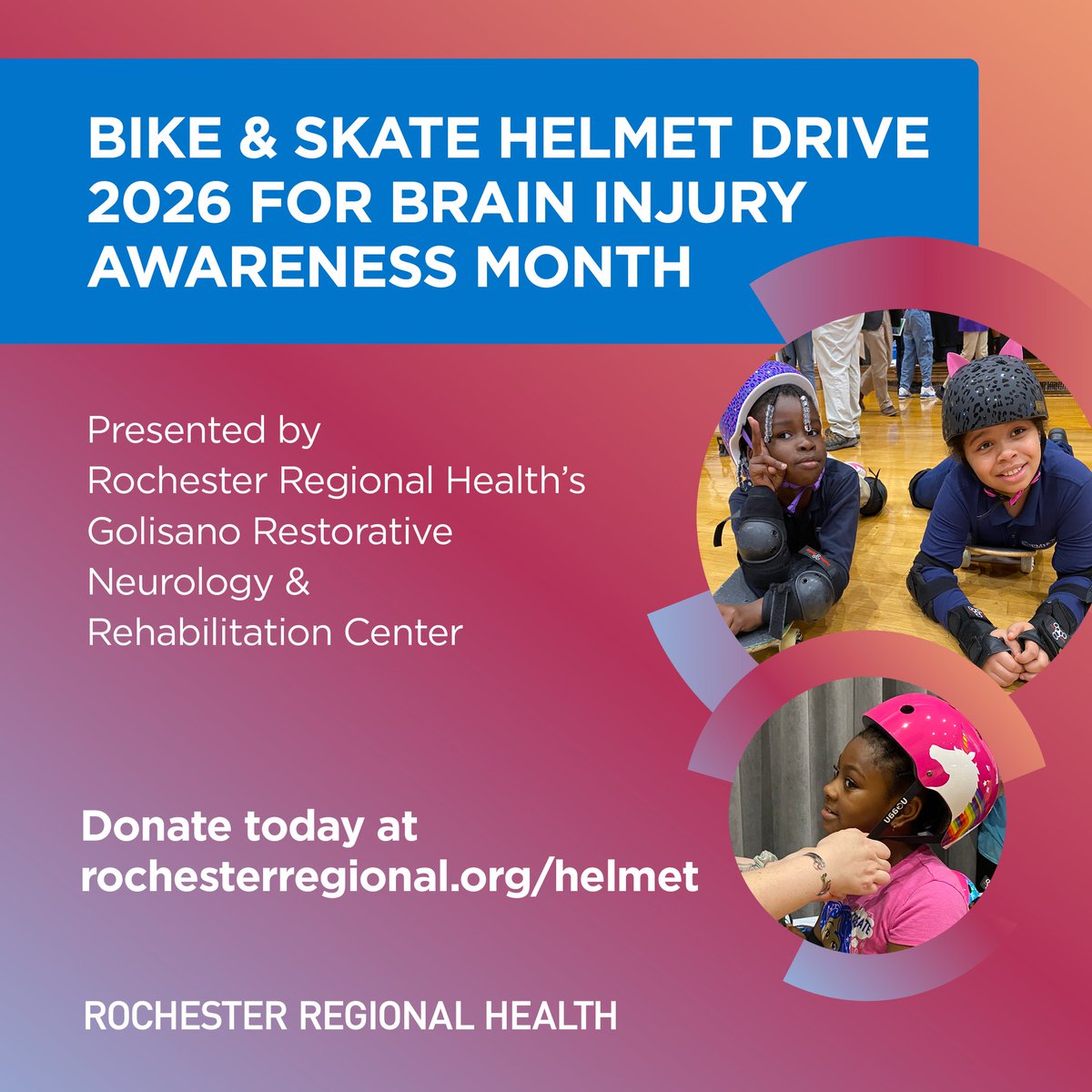 RAAdventures's tweet photo. Just a few more days! Let’s roll into spring with safer rides and big smiles!
Donate a helmet, spark a future — it’s that simple.
Ends April 30
Donate today https://t.co/pIXhOqCLWq

Poster for 2026 Helmet Drive supporting Brain Injury Awareness Month by Rochester Regional Health. https://t.co/xwbXbrEBEb
