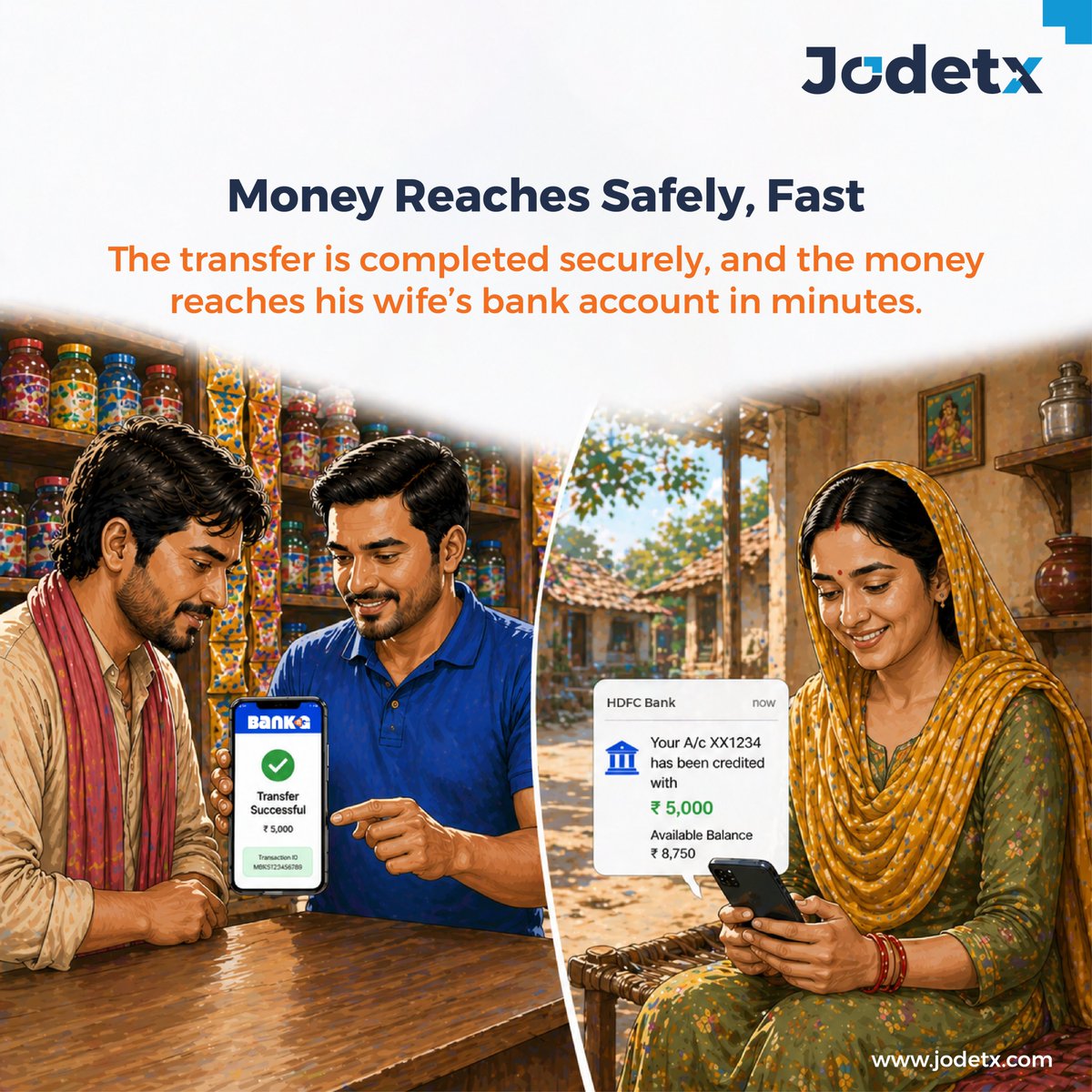 Jodetx_tech's tweet image. From city hustle to village smiles 💙 Send money home quickly, safely, and without hassle through trusted retailers. Fast transfers that keep families connected. 💸✨

#MoneyTransfer #DMT #DomesticMoneyTransfer #RetailerBusiness #DigitalPayments #FintechIndia #SendMoneyHome