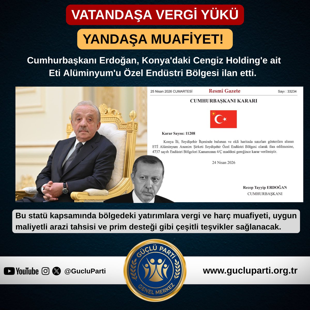 Osmanunsal58's tweet photo. Erdoğan, Cengiz Holding’in Eti Alüminyum tesisini ‘Özel Endüstri Bölgesi’ ilan etti. 

Vergi muafiyeti, ucuz arazi, prim desteği… 

Milletin vergisi yandaşa peşkeş!

Bu açıkça holding devleti kurmaktır. 

Millete ait olanın tekrar millete verileceği günler gelecek elbet! https://t.co/OHOQcOYMqJ