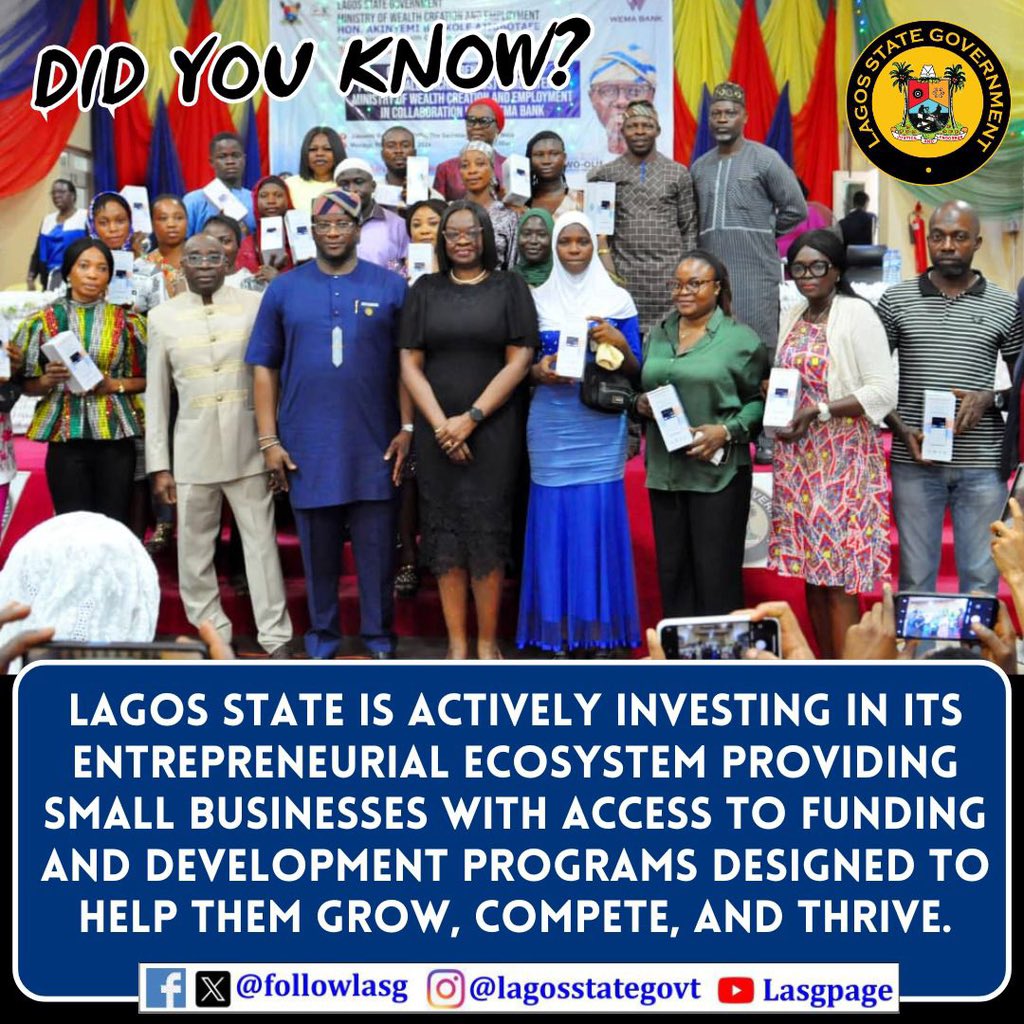 followlasg's tweet image. From grants to growth programs, Lagos State Government is equipping small businesses to scale and compete.
@jidesanwoolu
@drobafemihamzat
@lagoswealthcreation
@lanrebajulaiye
@gbenga_omo 
.
.
.
#SMEsLagos 
#WealthCreation 
#FundedToGrow
#AGreaterLagosRising
#LASG
