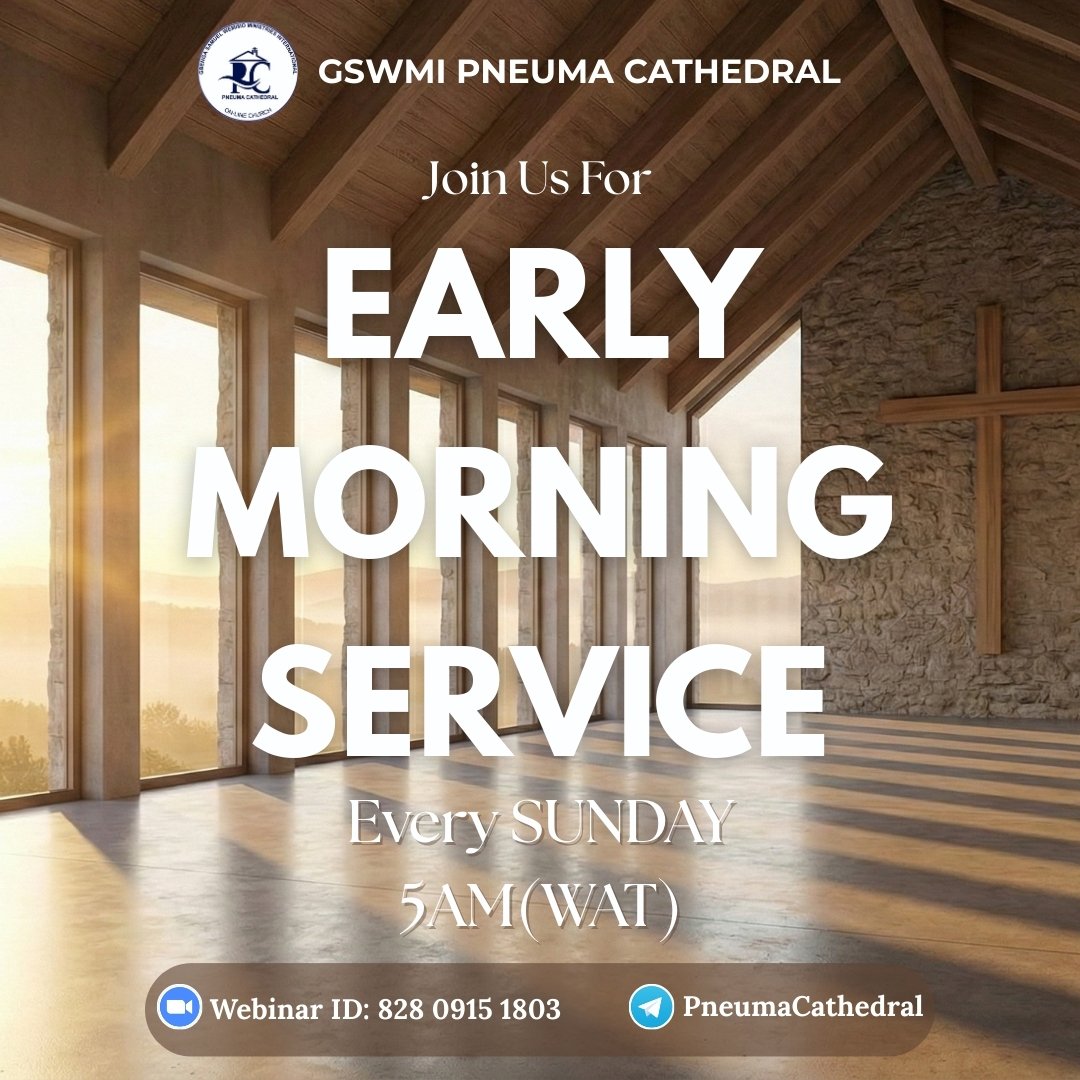 GswmiPC's tweet photo. Hello Family,

Join us this Sunday for
*Early Morning Service,* at Pneuma Cathedral Church.

*Date: Sunday, 26th April 2026*

*Time: 5:00 AM – 5:55 AM (WAT)*

*Ministering: Bro Olaitan Adesanmi*

We've kept a special seat for you. https://t.co/6pWMxqkWp7