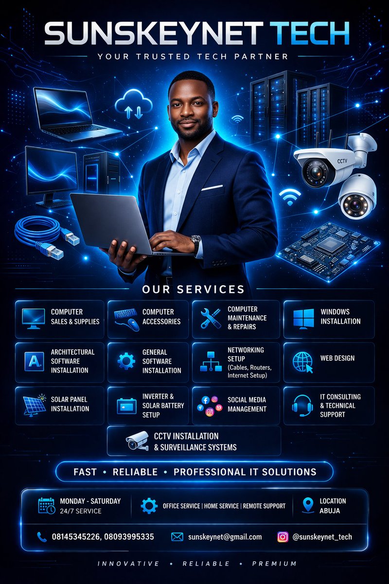 johnson_masterj's tweet photo. 🚀 Welcome to SUNSKEYNET TECH — Your Trusted Tech Partner in Abuja! 💻✨
In today’s fast-paced digital world, your technology should work for you, not against you. At SUNSKEYNET TECH, we deliver reliable, efficient, and professional tech solutions designed to keep your business https://t.co/QU7Dlm7IOh