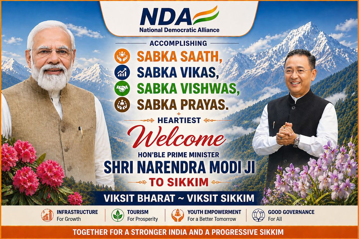 bikashbasnetskm's tweet image. Heartiest Welcome Hon’ble Prime Minister Narendra Modi Ji to Sikkim. 

National Democratic Alliance (NDA) ~ Committed to the vision of Sabka Saath,Sabka Vikas,Sabka Vishwas,
Sabka Prayas. 

Together towards #ViksitBharat ~ #ViksitSikkim #PMOIndia #NDA