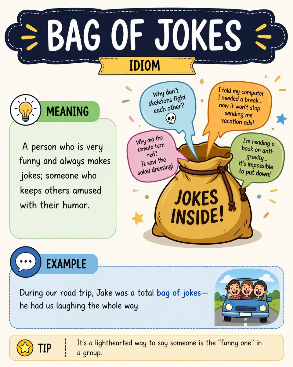 Herminio_EOI's tweet image. ✔️ A bag of jokes
》A person who is very funny, always making jokes or amusing others.

▪︎ He’s such a bag of jokes—you can’t stay serious around him for more than a minute.
▪︎ Ann is a real bag of jokes, she keeps everyone entertained at parties.

#Learning #English #idioms