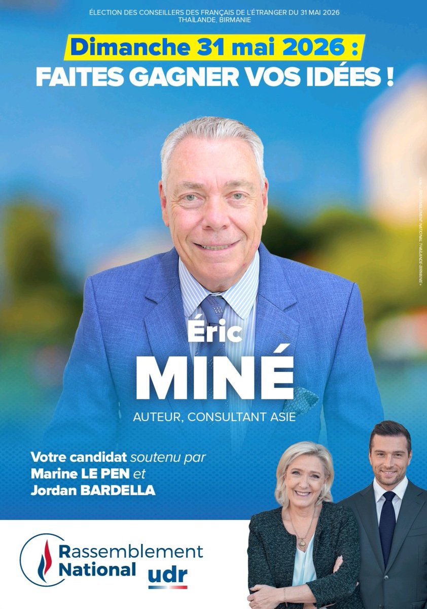 #Consulaires2026 🇫🇷
#ThaïlandeBirmanie 
Élu en 2014 sous les couleurs du "Rassemblement Bleu Marine", réélu en 2021 sous celles du <a href="/RNational_off/">Rassemblement National</a>, c'est dans cette fidélité que je solliciterai dans ce scrutin les suffrages de mes compatriotes.
#FrançaisdelÉtranger 
<a href="/RNetranger/">Français de l'Étranger | Rassemblement National</a>