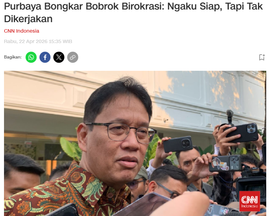 Guys, Purbaya baru bilang sesuatu 
yang menurut gue adalah pengakuan 
paling gamblang sekaligus paling mengerikan 
tentang kondisi birokrasi Indonesia yang pernah 
keluar dari mulut seorang menteri.

"Dikasih tahu, di depan bilang 'Siap Pak' 
ternyata tidak dikerjakan sampai tiga